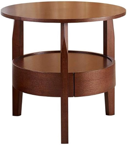 Side Table Small Coffee Table Solid Wood 2 Tier With Drawer Round