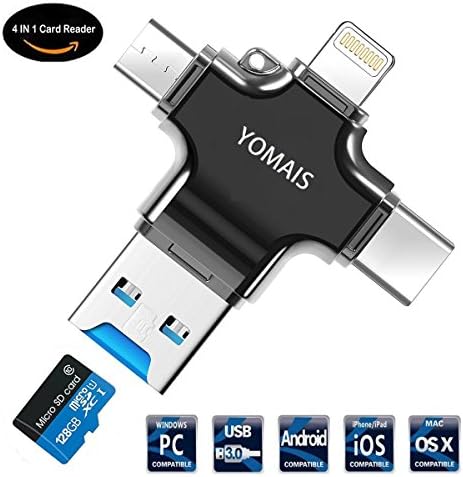 4 in 1 Card Reader, YOMAIS Micro SD Card Reader with Type C USB Lightning Connector Micro USB HUB Adapter, TF Flash Memory Card Readers For iPhone, iPad, Mac, PC, Android USB 3.0 (Black)