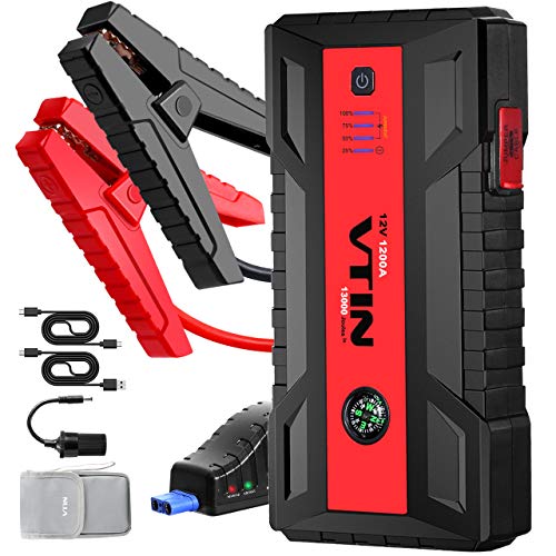 VTIN Upgraded 1200A Car Jump Starter, 12V Jump Starter (Up to 8.0L Gas 6.0L Diesel Engines) Portable Battery Booster Power Bank with QC 3.0 Outputs Type-C Port & Safety Jumper Cable