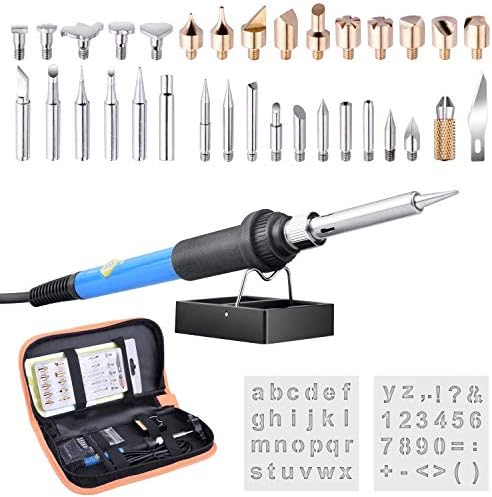 37 PCS Soldering Iron Kit,Wood Burning Kit,60W Adjustable Temperature Welding Dual Purpose with Complete Iron Tips and Letter Numbers Stencils Converter, Stand and Storage Bag