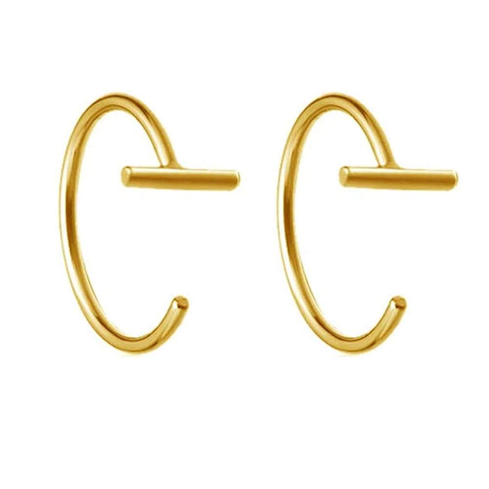 Stick T Bar Half Huggie Hoop Cuff Stud Earrings 925 Sterling Silver Small Minimalist Mini Hoops Cartilage Fashion Geometric Piercing Studs for Women Girls Sensitive Ears 14K Gold Plated
