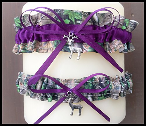 Sexy Camouflage Dark Purple Satin Wedding Bridal Garter Camo SET - Deer Charm