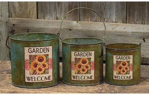 3 Country Primitive Tin Decorative Sunflower Pots Storage Containers