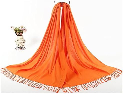 Portsur Woman's Tassels Cashmere Scarf Pure Colour Autumn Winter Thin Shawl Orange