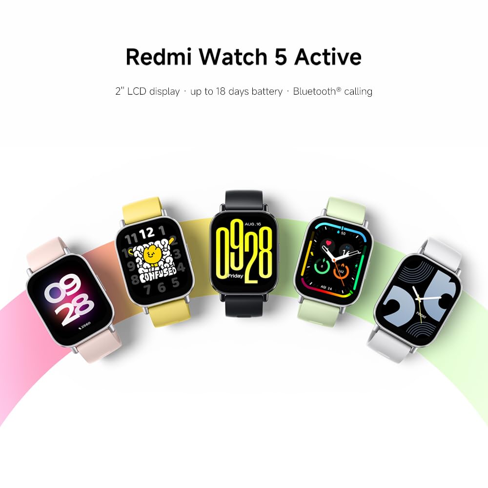 Redmi Watch 5 Active Smartwatch, 2.0 Inch LCD Display, 18 Day Battery, 140+ Sports Modes, Heart Rate and SPO₂ Tracking, 5ATM Waterproof, Bluetooth Calls, Fitness Tracker, Sleep Monitor - Black, black