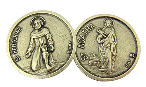WJH Silver Tone Saint Peregrine and St Agatha Pocket Prayer Token Medal, 1 1/8 Inch