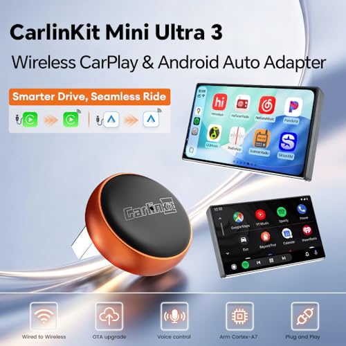 Carlinkit Mini Ultra 3 Wireless CarPlay Adapter, Wireless Android Auto Adapter, Convert OEM Wired to Wirelesss Dongle, USB-A/C Plug & Play, Auto-Connect, OTA Upgrade, Orange