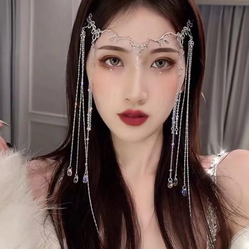 Photo 1 of MRKARL Women Head Chain Retro Long Tassel Headpiece Rhinestone Crystal Bridal Head Chain Wedding Hair Accessories