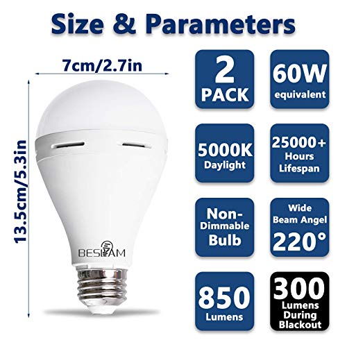 BESLAM Rechargeable Emergency LED Bulb with Battery Backup, SelfCharging Camping Light Bulbs