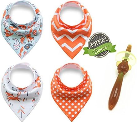 Baby Bandana Bib Set, 4-Pack Super Absorbent Drool Bandana Bibs Free Toothbrush silicone