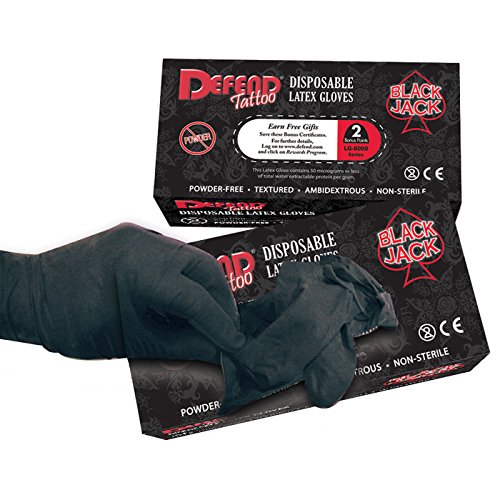 100 DEFEND BLACKJACK Black Latex Powder Free Medical Tattoos Piercing Gloves (Small)