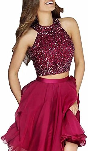 Loffy Short 2 Piece Beaded Prom Dress High Neck Chiffon Homecoming Dress Burgundy Size 2