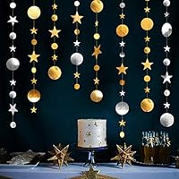 Okloy Star and Circle Dot Garland Decoration,3 Pack Silver Gold Metallic Glitter Garlands Streamer Backdrop Glittery Hanging Bunting for Birthday Party Wedding Kids Baby Rooms Shower