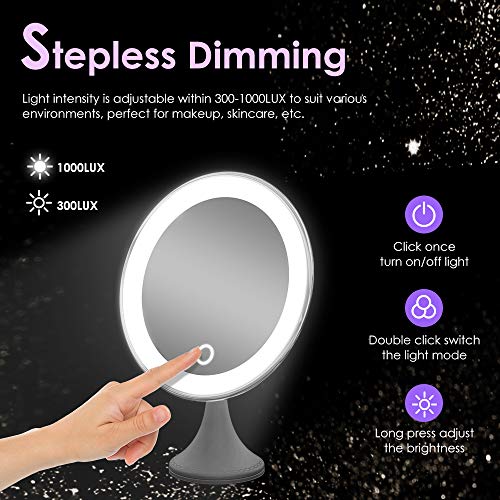 BEQOOL 10X Magnifying Lighted Makeup Mirror with Lights, 360°Rotation Vanity Mirror Portable Hand Cosmetic Light Up LED Mirror with Strong Sticky Suction Cup for Home Bathroom Shower Travel (Silver)