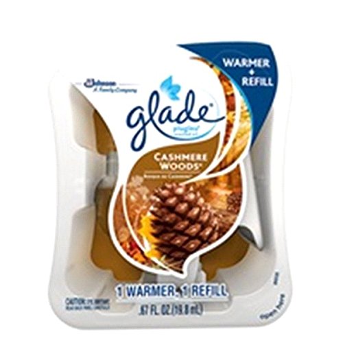 GLADE PLUGINS REFILLS AIR FRESHENER STARTER KIT, CASHMERE WOODS, SCENTED AND ESSENTIAL OILS FOR HOME AND BATHROOM, 0.67 FL OZ, 1 WARMER + 1 REFILL