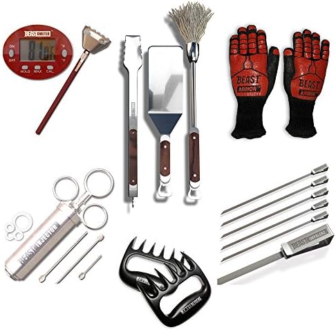Grill Beast Ultimate Beastly BBQ Set - Perfect Barbecue Gift Set For The BBQ Chef In Your Family โ Quality Stainless Steel BBQ Tools Meat Injector BBQ Gloves Skewers Meat Shredders & A BBQ Thermometer