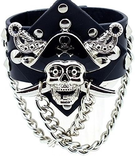 Decou Leather Pirate Punk Knives Skull Chain Bangle Cuff Black