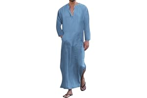 Jacansi Men's V-neck Short Sleeve Robe Side Split Kaftan Cotton Long Gown Thobe S-3XL