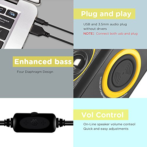 Computer Speakers with Surround Sound 2.0CH USB Wired Powered Multimedia Speaker for Desktop/TV/PC/Laptops/Smart Phone RECCAZR Built-in Four Loudspeaker Diaphragm (Yellow)