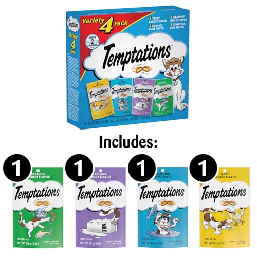 TEMPTATIONS CLASSIC CRUNCHY AND SOFT CAT TREATS FELINE FAVORITES VARIETY PACK, 3 OZ. POUCHES (PACK OF 4)