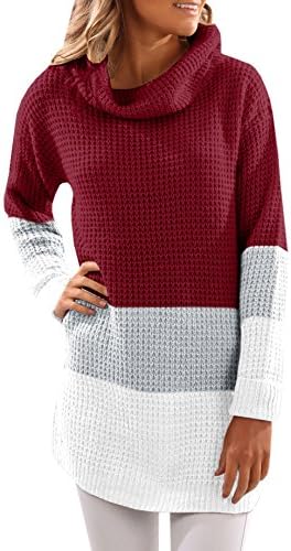 SUNMMWERY Women Color Block Tunic Turtleneck Knit Long Sleeve Sweater Pullover