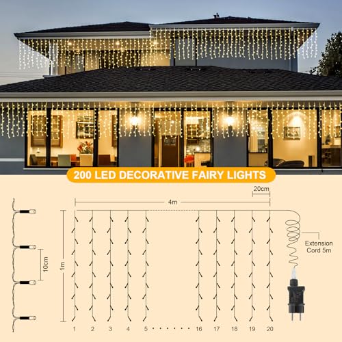 A.bigwhale Waterfall Christmas Lights Outdoor, 4m x 1m Curtain Lights, 8 Modes Waterproof String Light for Outdoor Indoor Garden Wedding Party Balcony Decoration (Warm White)