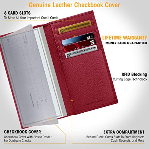 Genuine Leather Checkbook Cover For Women & Men - Checkbook Holder Check Book Covers For Duplicate Checks Card Wallet RFID