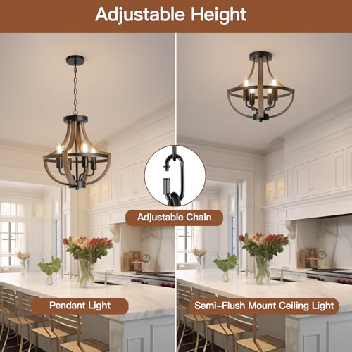 SEEBLEN Farmhouse Chandelier,Vintage 4-Light Hanging Pendant Light Height Adjustable,Rustic Metal Ceiling Light in Faux Wood Grain Color for Dining Room Kitchen Foyer Hallway Entryway Bedroom Closet.