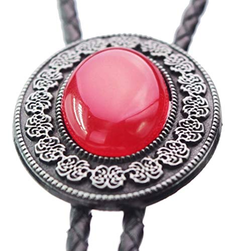 Moranse Bolo Tie with Round Flower And Gem Stone Parterre Style Genuine and Cowhide Rope(Red)