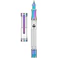 Asvine V200 Titanium Fountain Pen Vacuum Filling, Rainbow Medium Nib Clear Demonstrator Acrylic with Pen Case and Wrench