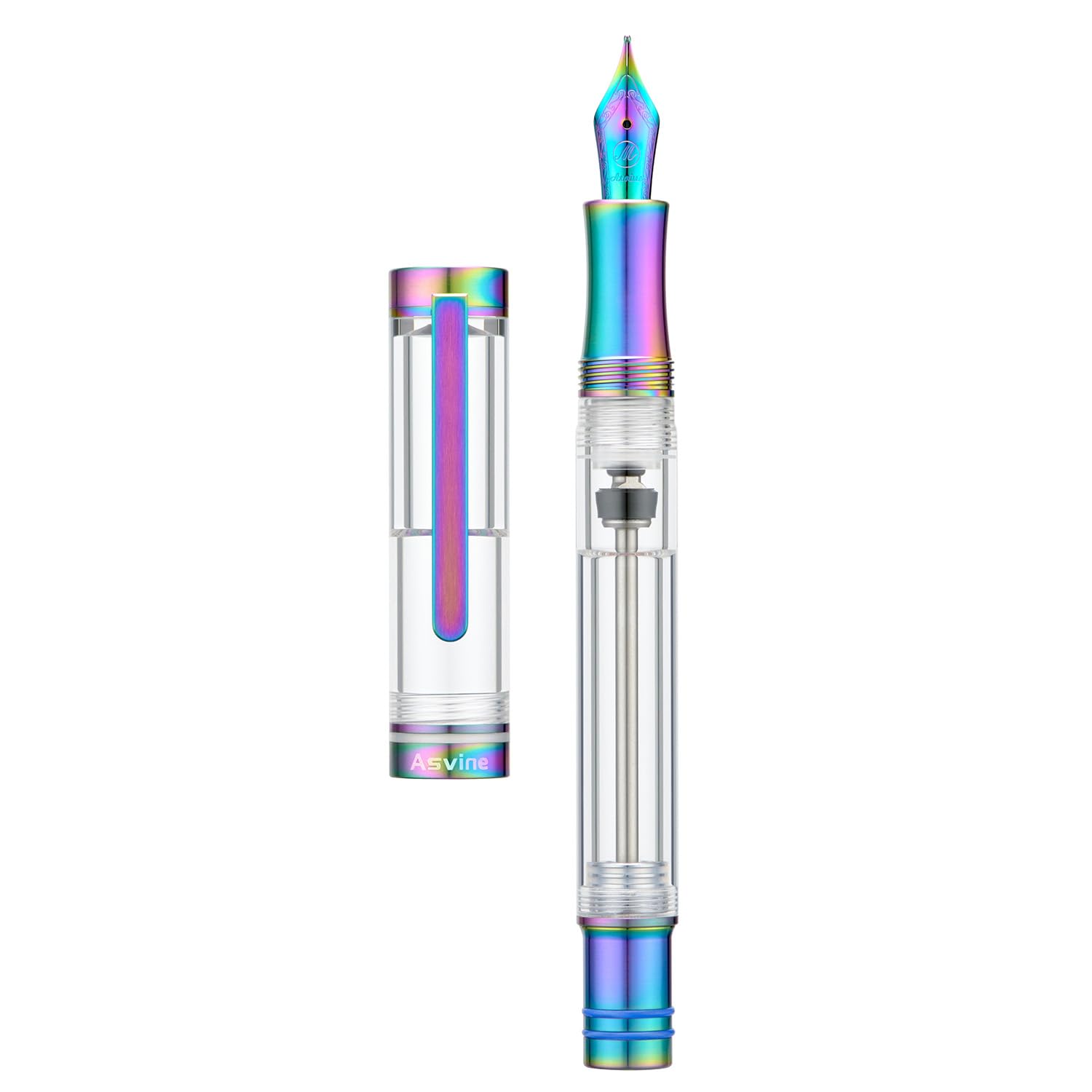 Asvine V200 Titanium Fountain Pen Vacuum Filling, Rainbow Bock Extra Fine Nib Clear Demonstrator Acrylic with Pen Case and Wrench
