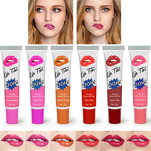 6 Colors Lip Tint Peel off Set, Red Lip Stain Long Lasting Waterproof