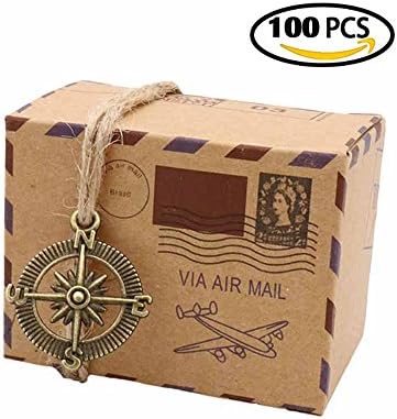 VNFEI Vintage DIY Airmail Kraft Paper Favor Candy Box Travel Packaging Box Wedding Party Supplies (Compass 100pcs)