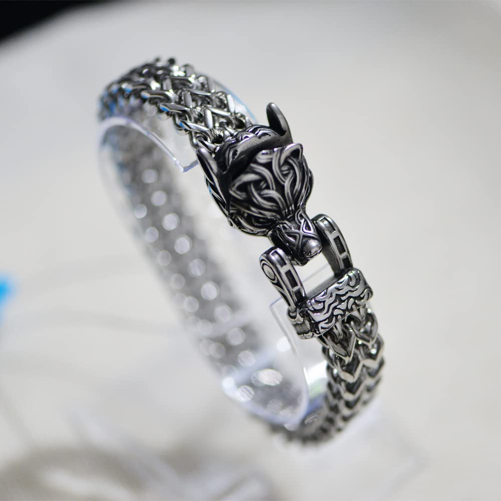 LANGHONG Norse Viking Wolf Bracelet Men's Stainless Steel Mesh Chain Can Open Wolf Mouth Bracelets Talisman Jewelry