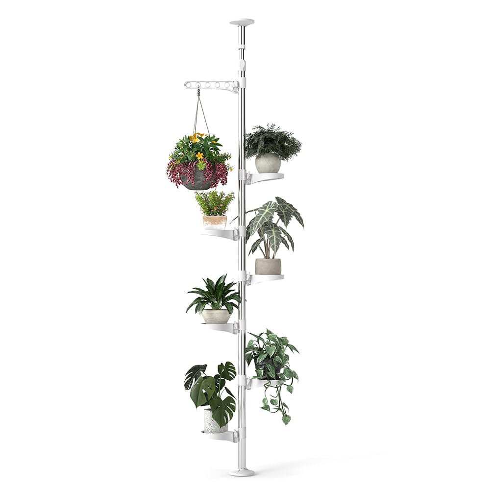 Hershii 7-Layer Tension Pole Plant Stand Indoor Decorative Metal Flower Pot Holder Display Rack Floor to Ceiling Adjustable Hanging Corner Shelf Space Saver - Ivory