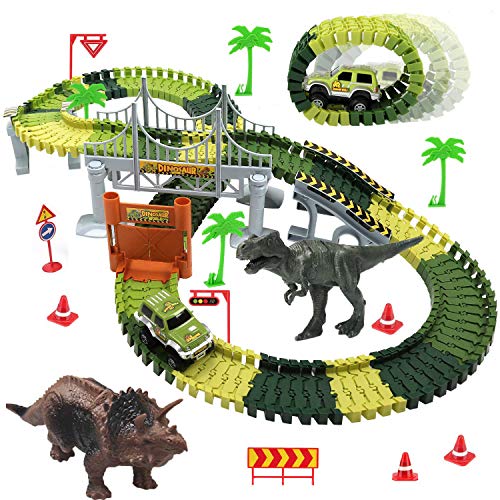 baccow Kids Dinosaur World Toys for 3 4 5 6 7 8 Year Old Boys and Girls, 142 Flexible Assembly Train Tracks Car Toys 2 Dinosaurs(Extra 1 Set Traffic Signs)