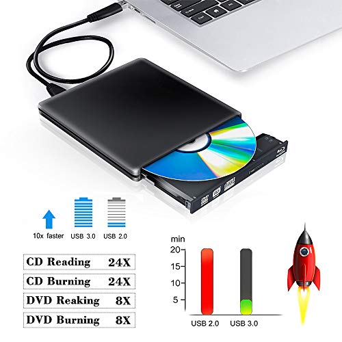 External Blu Ray DVD Drive 3D 4K, USB 3.0 Optical DVD CD Burner RW Player CD Row Rewriter Portable for MacBook OS Windows PC Chromebook