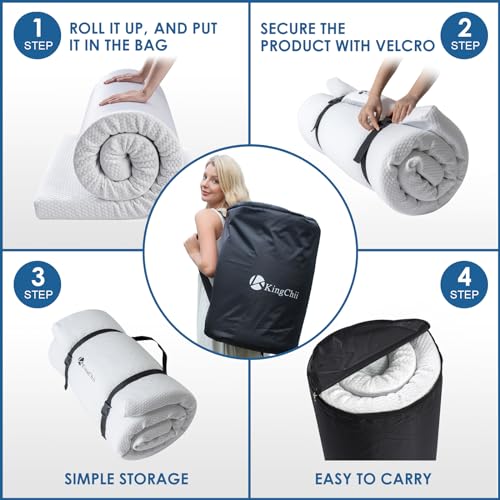 KingChii CertiPUR-US Memory Foam Camping Mattress, Portable Roll Up Travel Car Camping Mattress Sleeping Pad & Floor Mattress, Cot Mattress Guest Bed for Sleepover with Waterproof Cover & Travel Bag