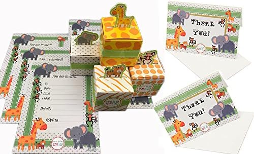 Adorox (144 Pcs. Pack (48 Invites + 48 Boxes + 48 Thank you cards)) Born To Be Wild Adorable Jungle Safari Zoo Theme Baby Shower Favor Candy Treat Box Thank You Cards Cute Birthday Decoration