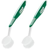 LIBMAN Dish Brush - Soft Bristle Cleaning Brush with Handle - 2 Pk Dish Scrub Brushes with Scraper for Dishwashing Dishes, Pots, Pans, Glassware - Non-Slip Comfort Grip Handle