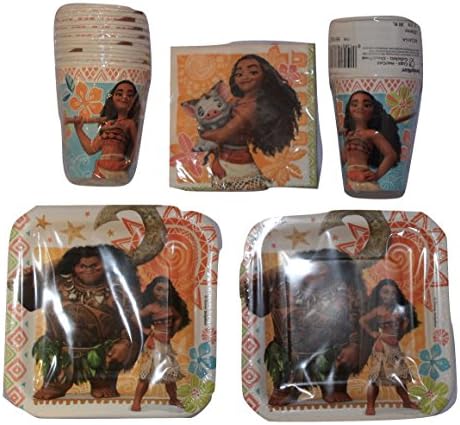 Moana Birthday Party Supplies, Complete Pack for 16 Guests, Includes Plates, Cups, and Napkins