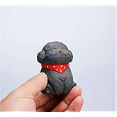 ShaoAngDuoMi Cute Wood Teddy Dog Figurine, 2.7' Handmade Carved Gray Teddy Statue with Base, Unique Pet Dog Figure Collectibles Home Decor