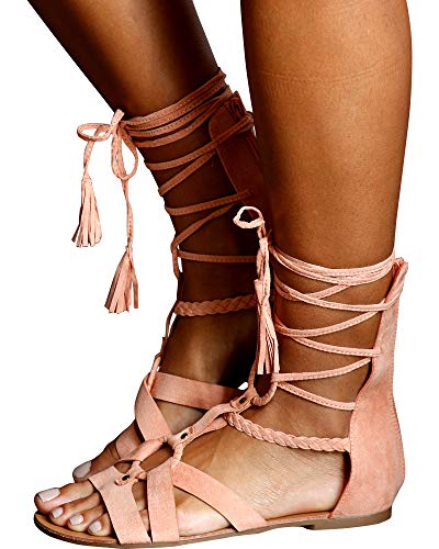 Qupid Womens Casual Lace Up Gladiator Flat Sandals