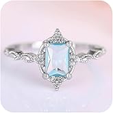 Shiny Womens Rectangle Sapphire Ring CZ Zirconia 18K 925 Silver Plated Square Blue Gemstone Topaz Eternity Engagement Anniversary Wedding Band Promise Cocktail Bands for Women Jewelry Gift(8)