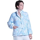 LA CERA Women Floral Microfleece Bed Jacket with Mandarin Collar, Long Sleeves, Front Pockets, Button Front, 100% Polyester