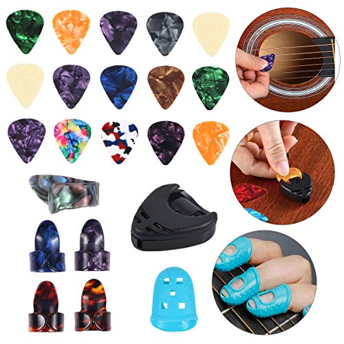 Guitar Accessories Kit 61 Pcs - Guitar Picks & Capo & Tuner & Acoustic Guitar Strings & 3 in 1 Guitar String Winder Cutter Pins Puller & String Bone Bridge Saddle & Bridge Pins and Nut & Finger Picks