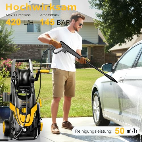 LANCHEZ Hochdruckreiniger 145 bar max Druck, Fördermenge 420 l/h, 7-in-1-Zubehör Kit (500ml Schaumsprüher, Schnellkupplungen, Schnellanschlussdüsen, Terrassenbürste) für Auto, Terrasse, Gelb