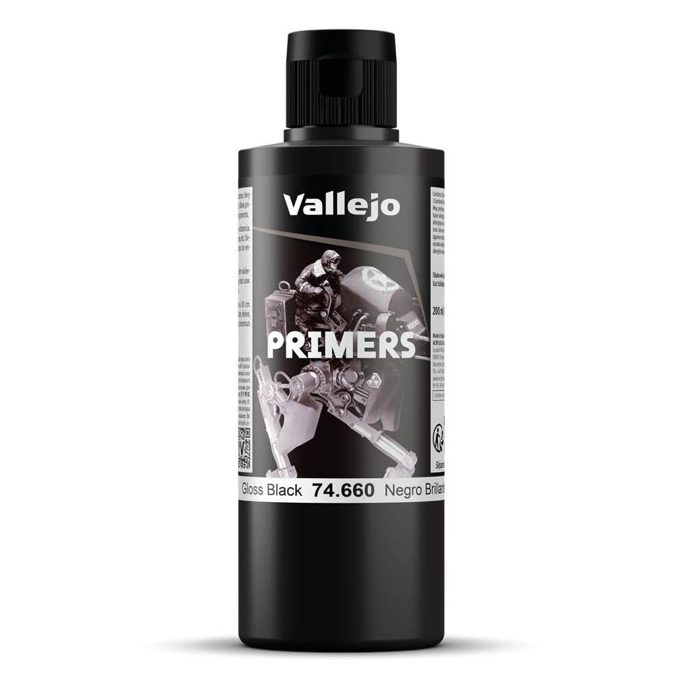 Vallejo Acrylic Primer, Fast-Drying Black Paint for Airbrush, 200ml, Ideal for Modeling and Miniatures