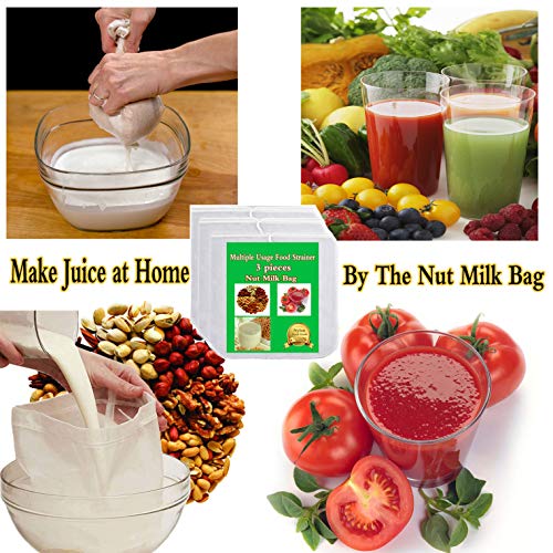 3 Pack-Nut Milk Bag, Multiple Usage Food Strainer, Reusable Food Grade Nylon Mesh Filter for Almond Milk, Soy Milk,Cold Brew Coffee Bag Cheesecloth, Fruit Juice, Yogurt, Vegetable Juice Filter