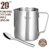 Milk Pitcher, Stainless Steel Frothing Pitcher 20oz with Spoon, Milk Steaming Frother Cup for Coffee, Latte Art